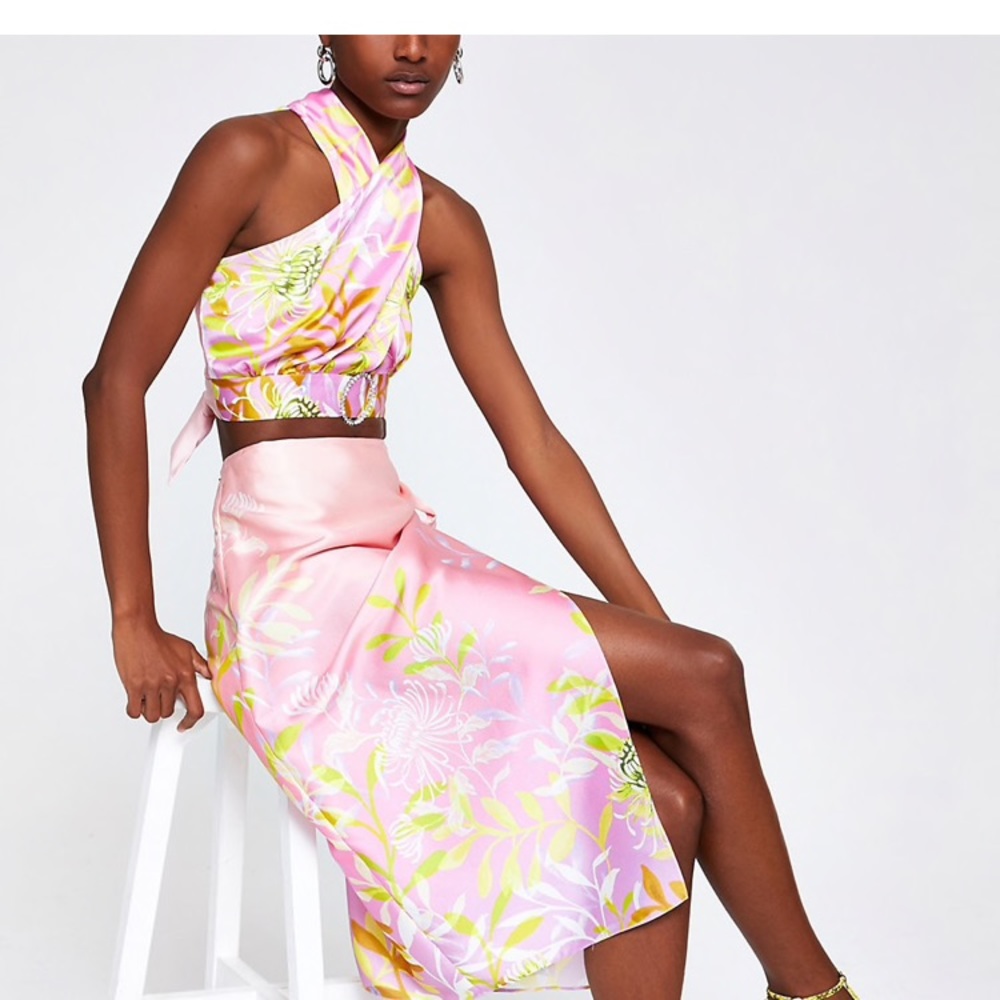 NWT - River Island Floral pink wrap skirt